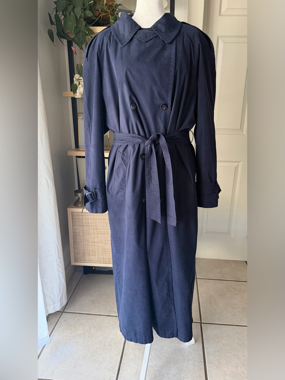 Gallery Vintage Double Breasted Maxi Trench Coat Navy Blue Removable Liner 14